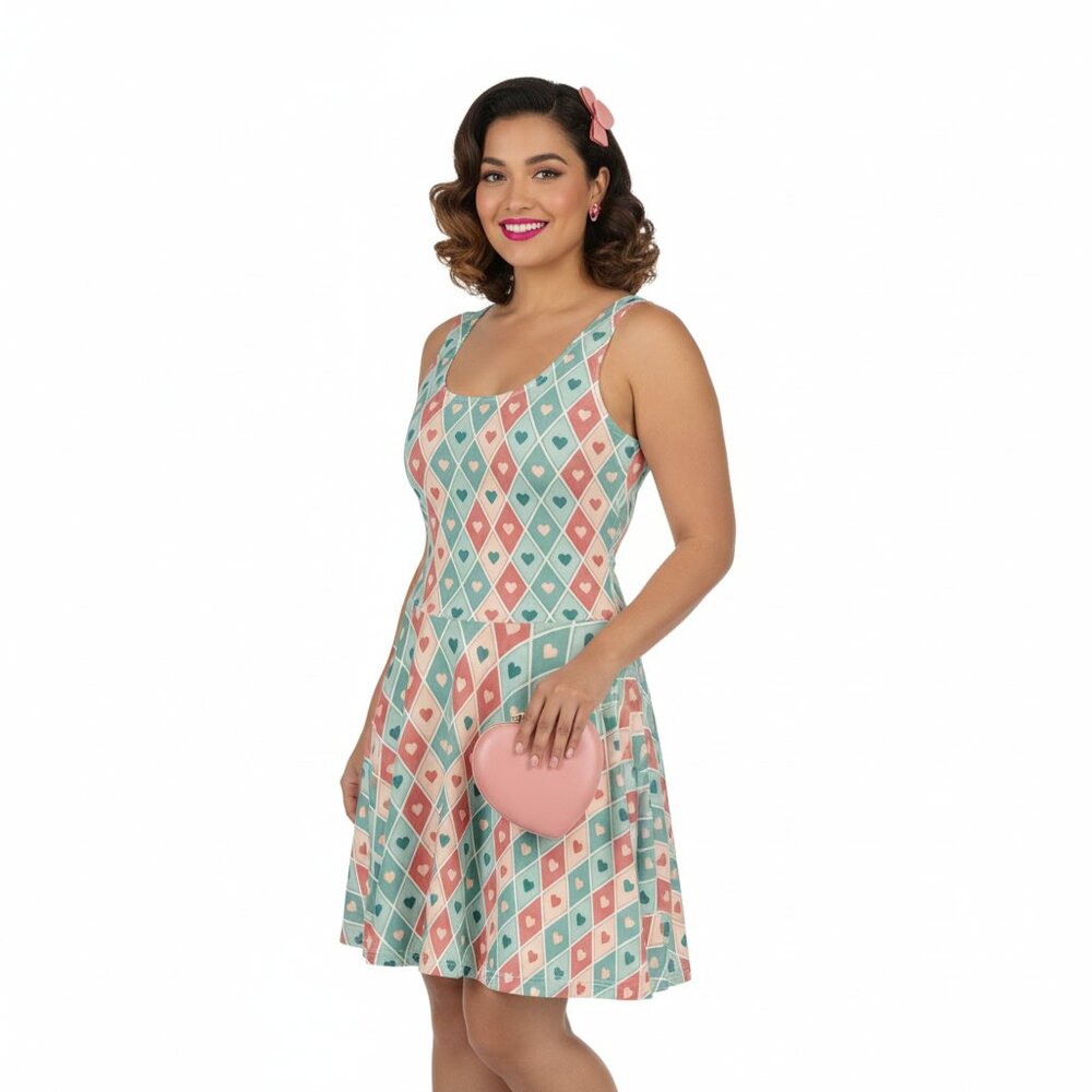 Vintage Pinup Heart Fit & Flare Dress Valentine's Day A-Line Swing - Picture 13 of 14